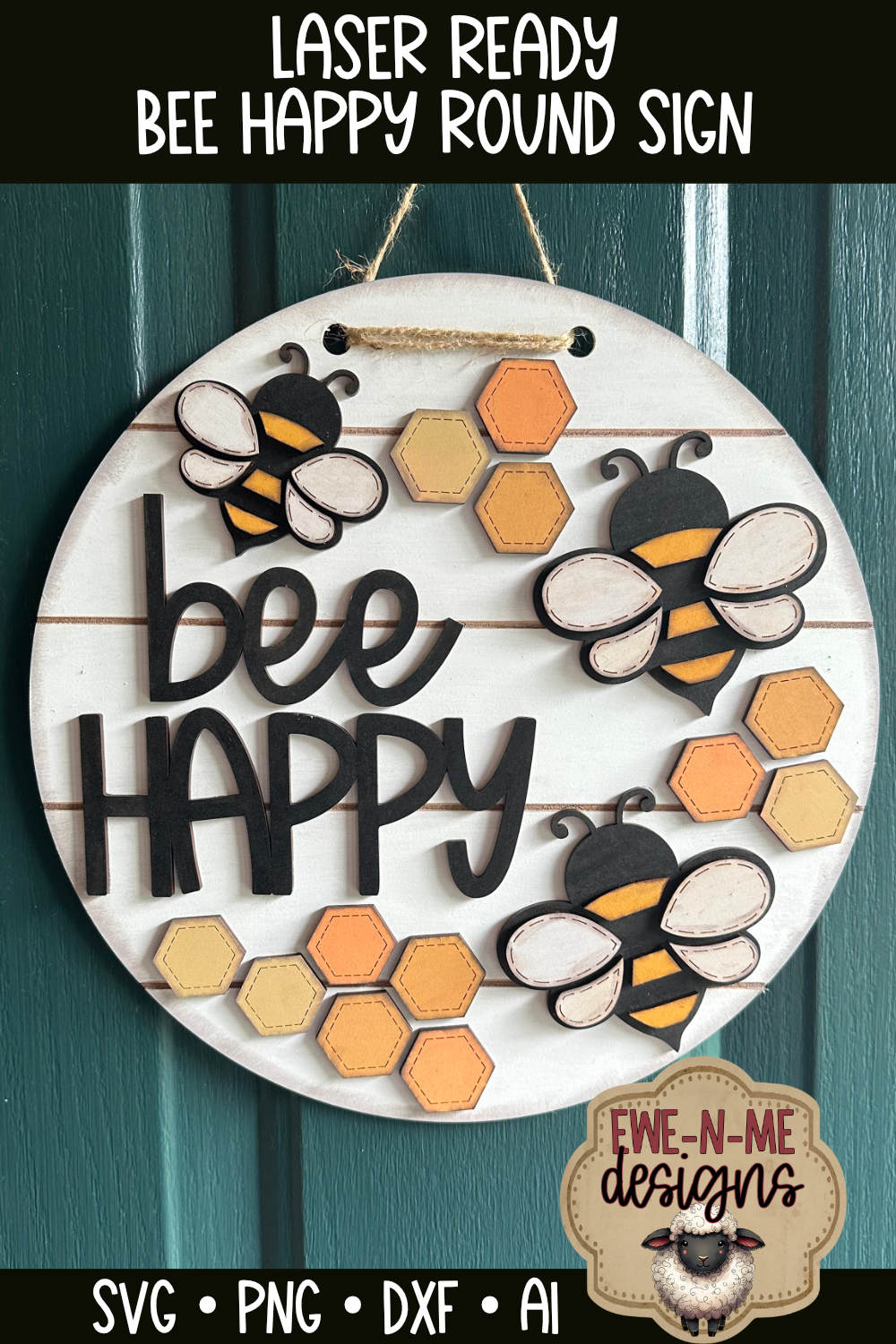 Bee Happy Round Door Hanger - Laser Cut SVG
