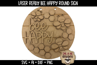 Bee Happy Round Door Hanger - Laser Cut SVG