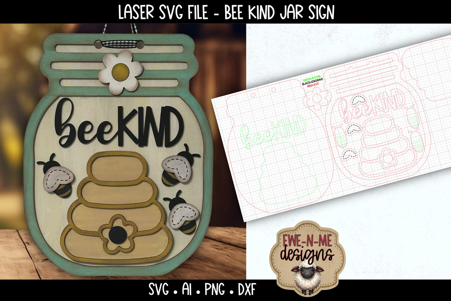 Bee Kind Jar Sign | Laser Cut SVG File