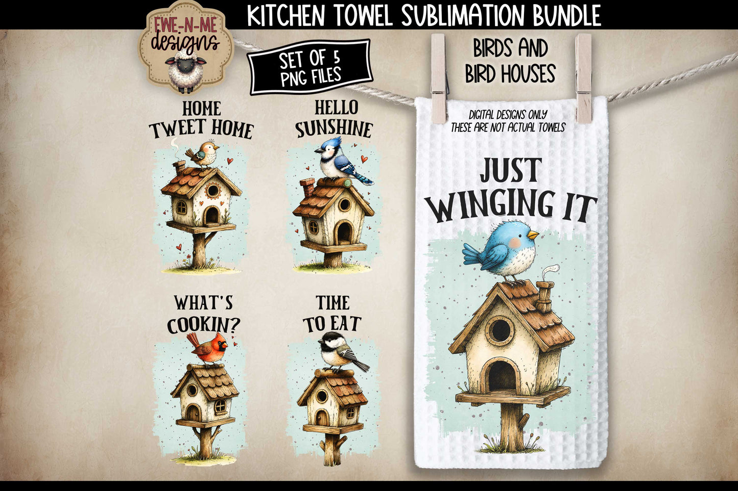 Birds and Bird Houses - Bundle of 5 - Kitchen Towel Sublimation Designs
