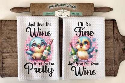 Cute Birds With Wine - Kitchen Towel Sublimation Designs