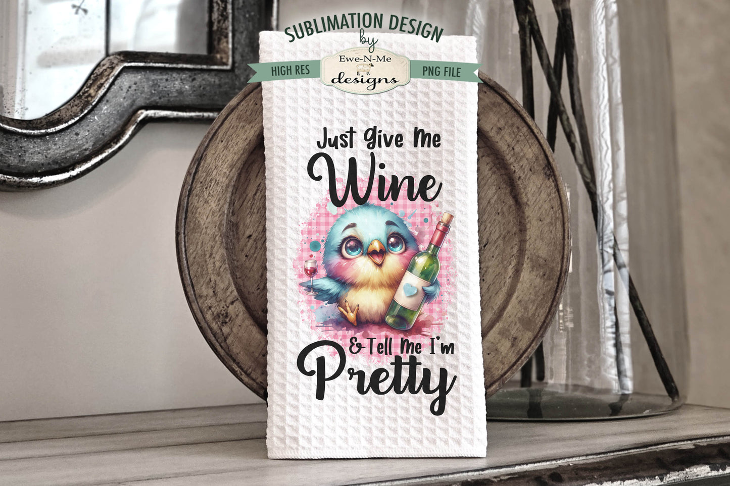 Cute Birds With Wine - Kitchen Towel Sublimation Designs