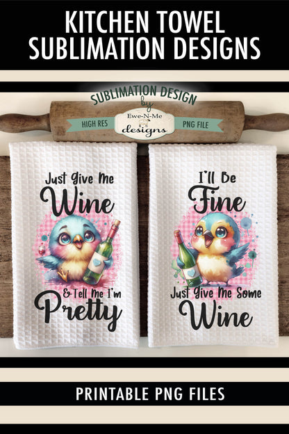 Cute Birds With Wine - Kitchen Towel Sublimation Designs