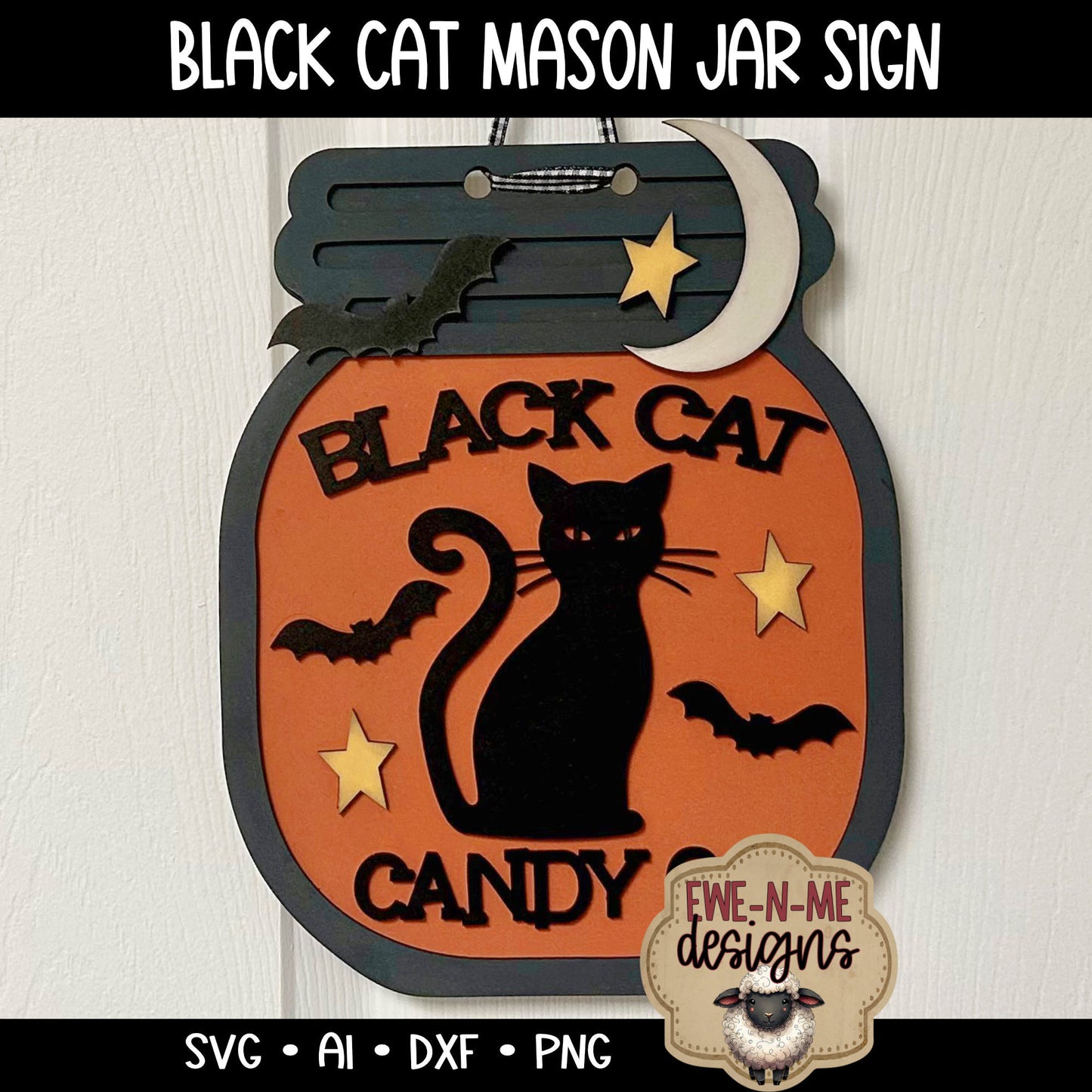 Black Cat Door Hanger Mason Jar - Laser Cut SVG