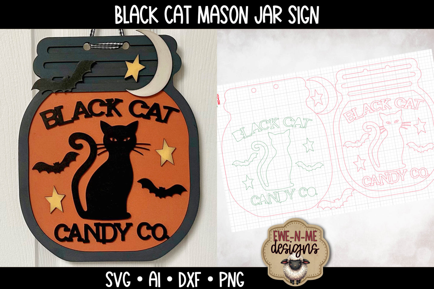 Black Cat Door Hanger Mason Jar - Laser Cut SVG