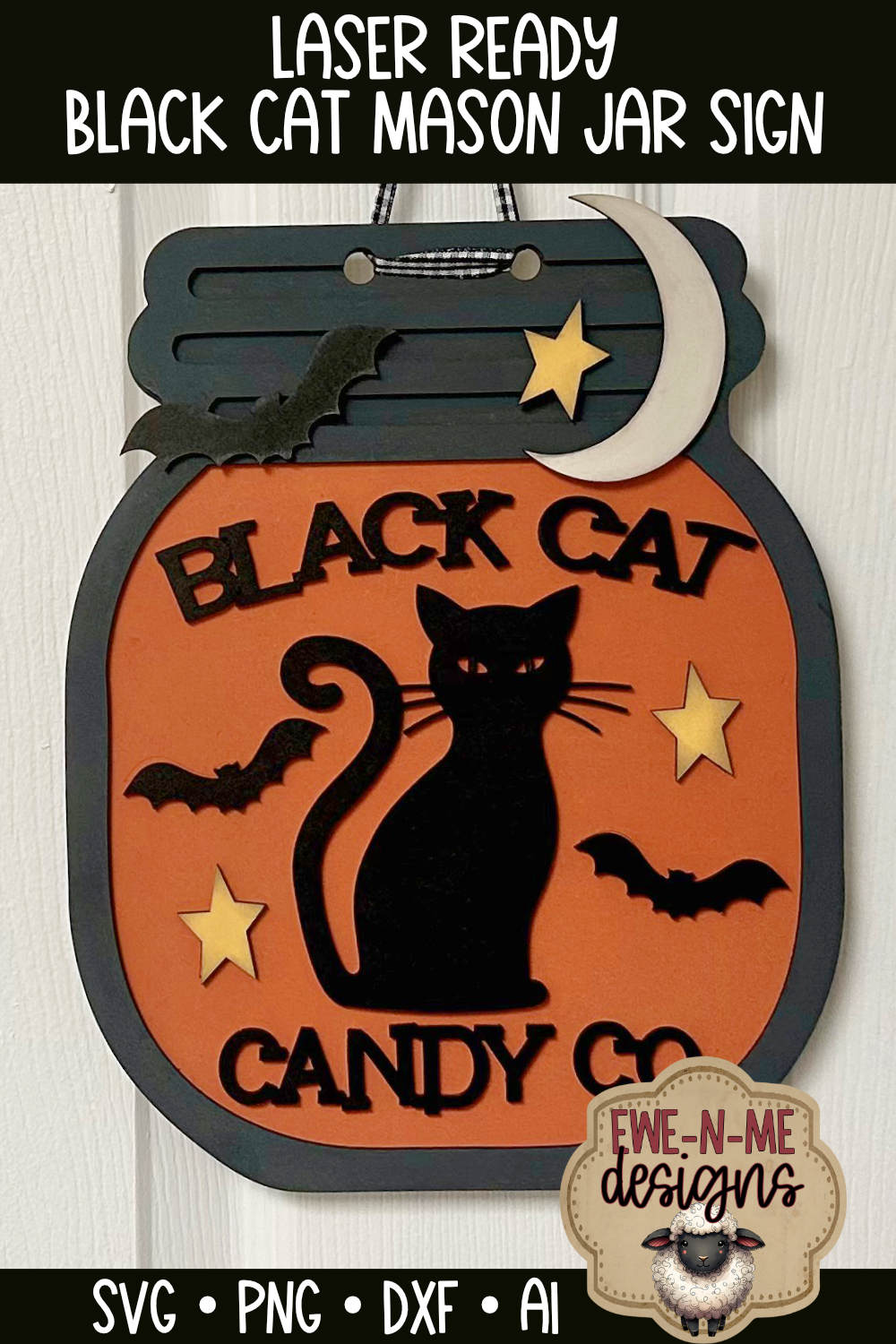 Black Cat Door Hanger Mason Jar - Laser Cut SVG