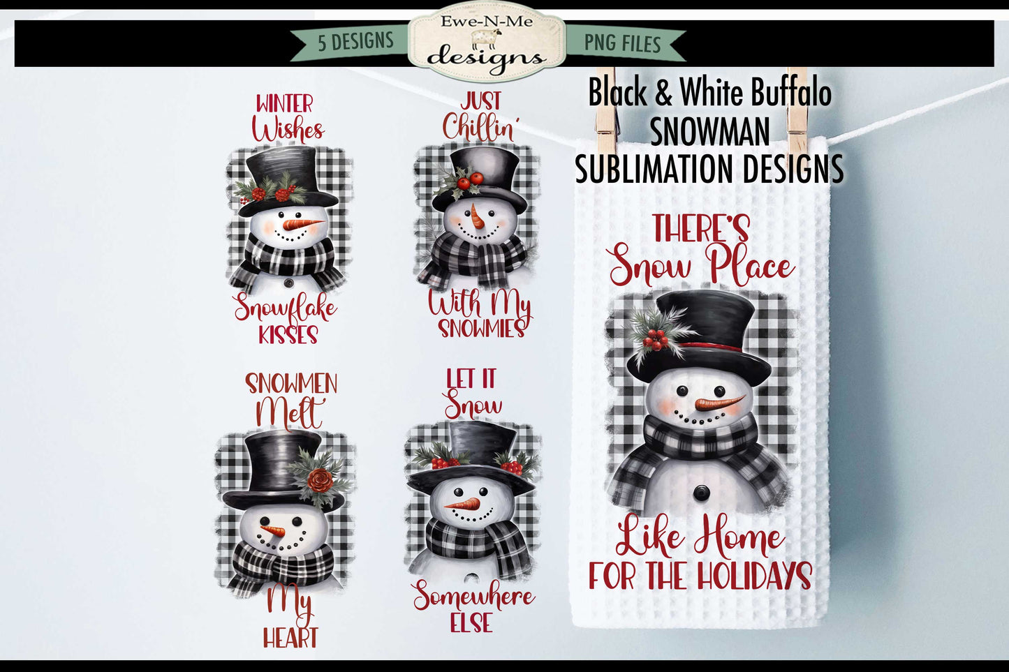 Buffalo Plaid Snowmen - Bundle of 5 - Kitchen Towel Sublimation Designs