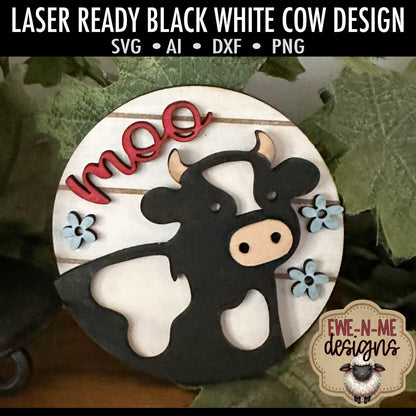 Black White Cow Round Moo -  Laser Cut SVG