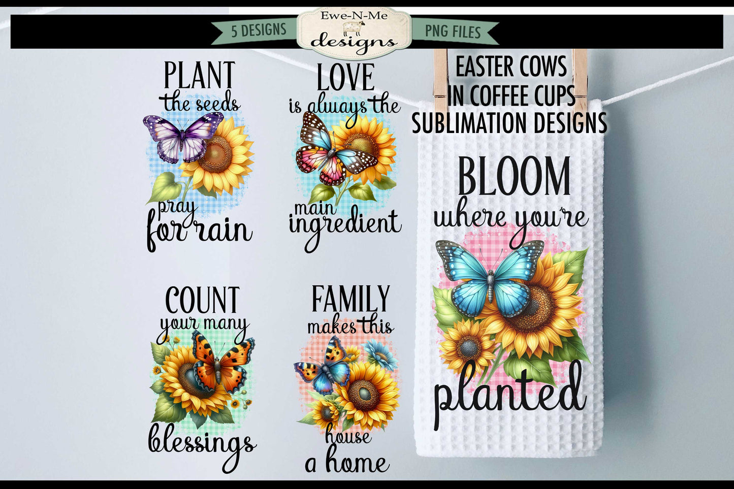 Butterflies and Sunflowers - Bundle of 5 - Kitchen Towel Sublimation Designs