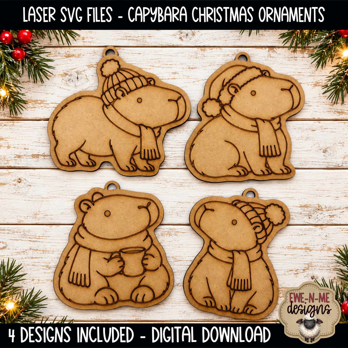 Capybara Christmas Ornaments | 4 Laser Cut SVG Files