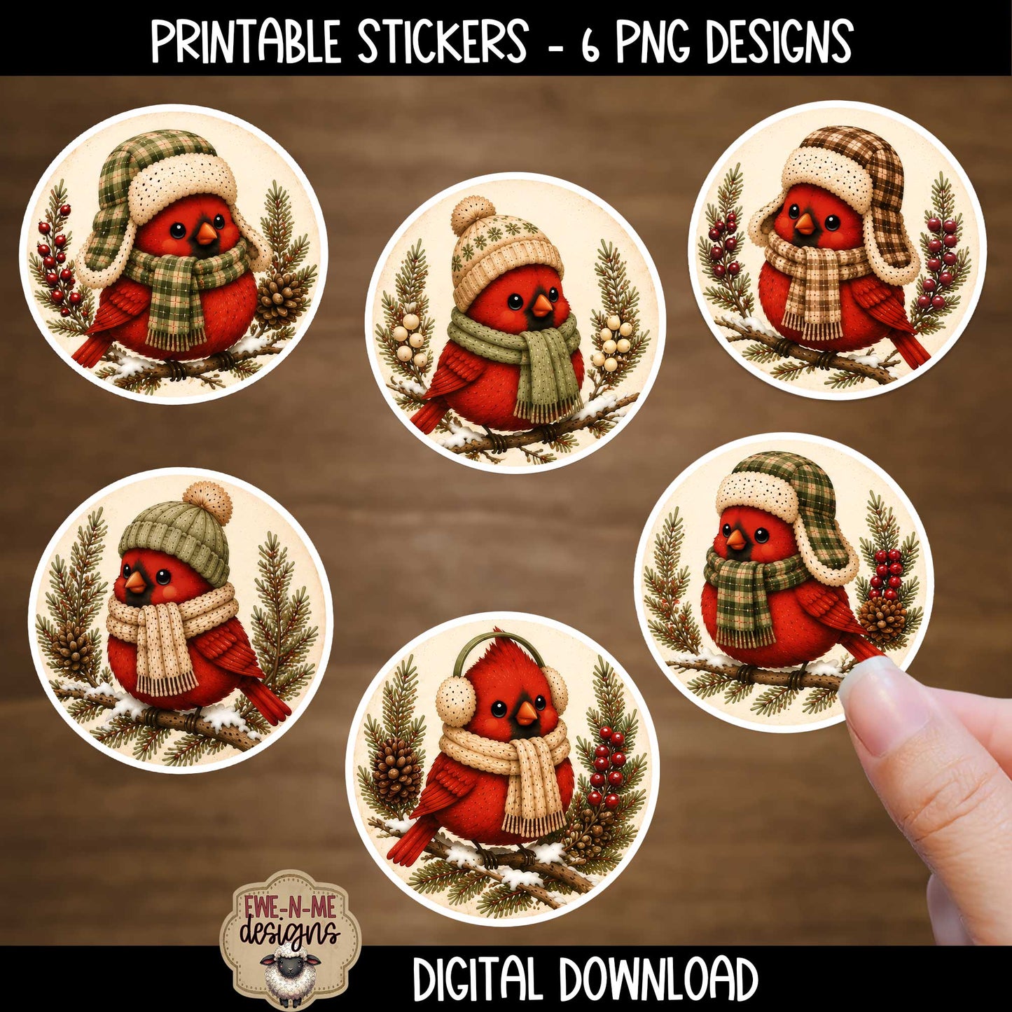 Cute Winter Cardinals Ornament Bundle | Laser Cut SVG File + Printable PNG Files with Bonus Sticker File