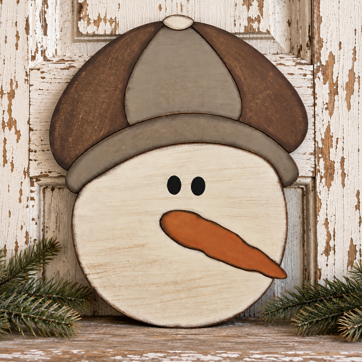 Primitive Newsboy Hat Snowman Face - Finished Wood Decor