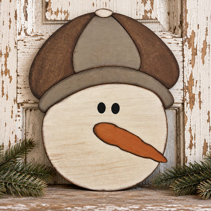 Primitive Newsboy Hat Snowman Face - Finished Wood Decor