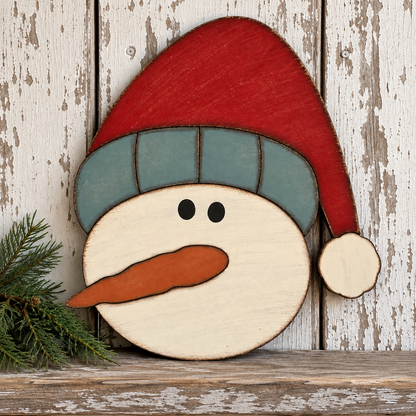 Primitive Stocking Cap Snowman Face - Finished Wood Decor