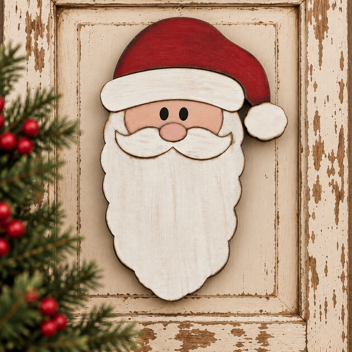 Primitive Tall Santa Face with Long Beard - Finished Wood Decor