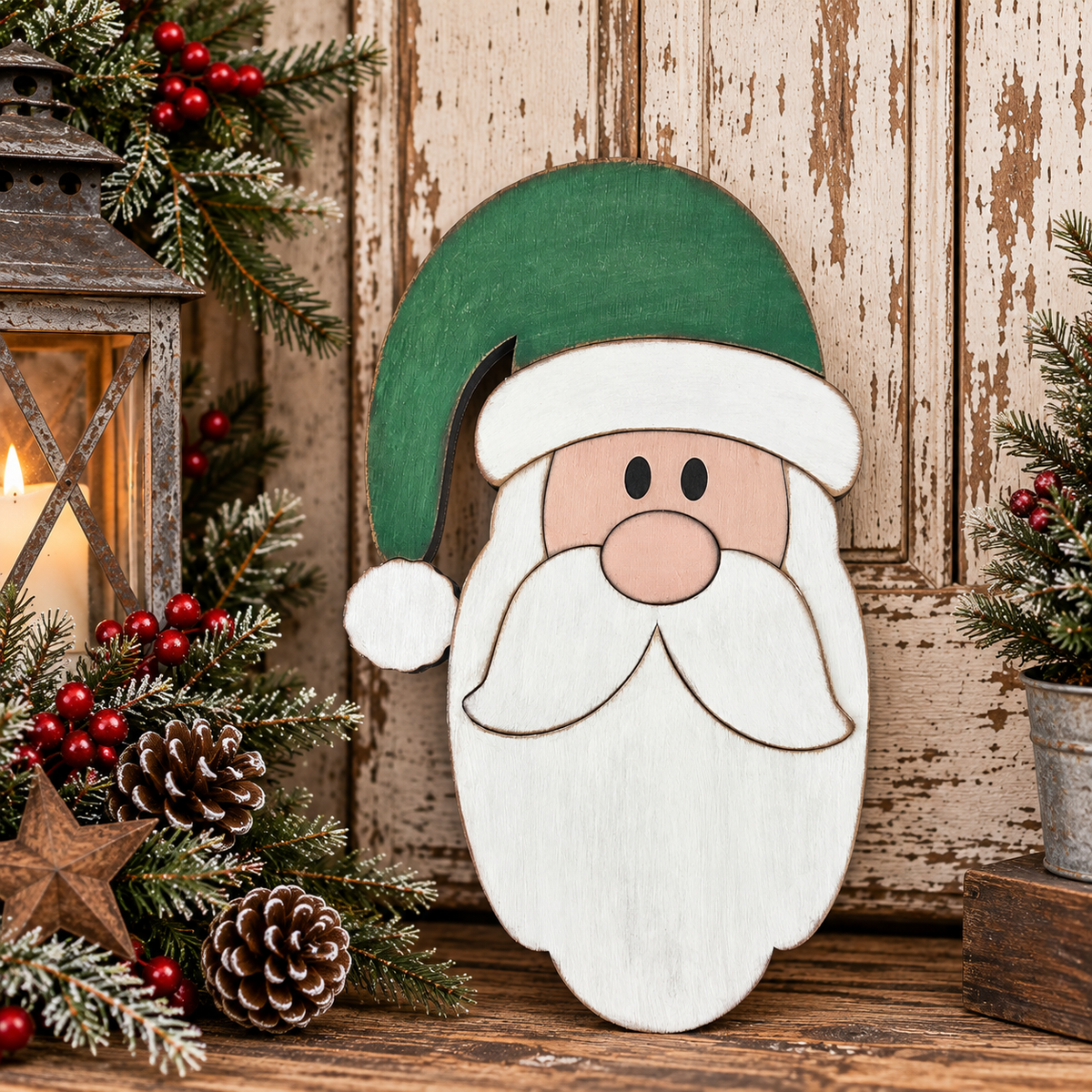 Primitive Tall Santa Face with Stocking Cap - Finished Wood Decor
