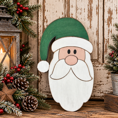 Primitive Tall Santa Face with Stocking Cap - Finished Wood Decor