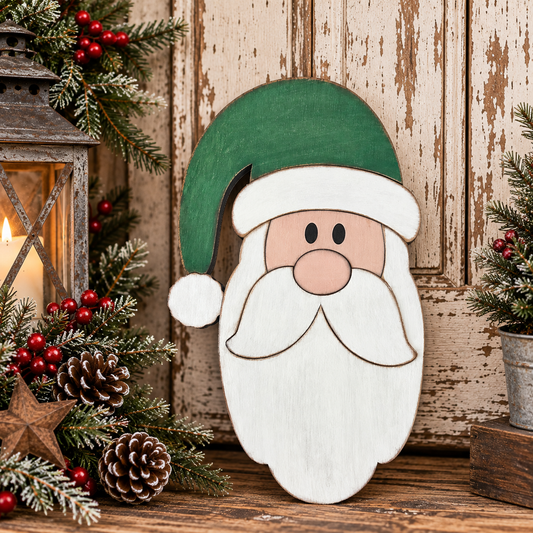Primitive Tall Santa Face with Stocking Cap - Finished Wood Decor