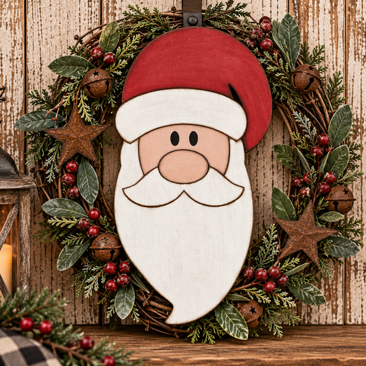 Primitive Tall Santa Face with Curved Hat - Finished Wood Decor