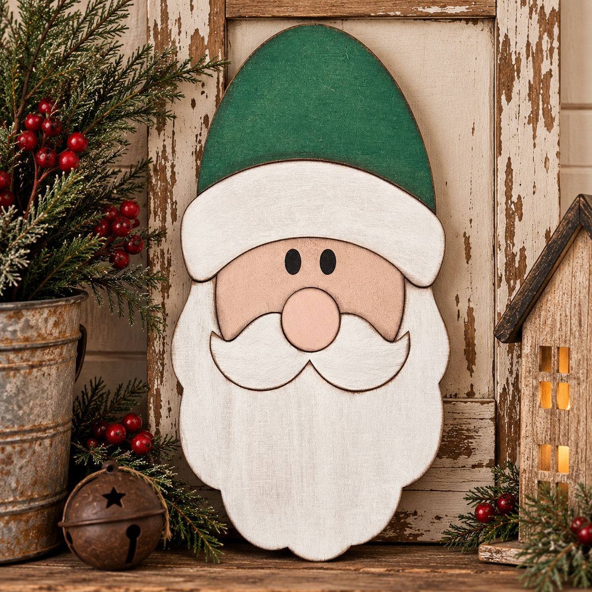 Primitive Tall Santa Face with Rounded Hat - Finished Wood Decor