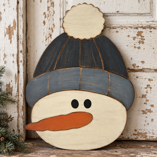 Primitive Knit Hat Snowman Face - Finished Wood Decor