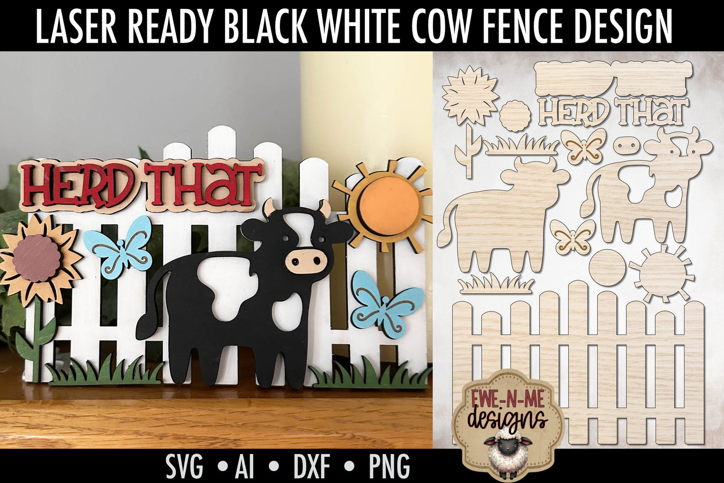 Herd That Black White Cow with Fence - Laser Cut SVG