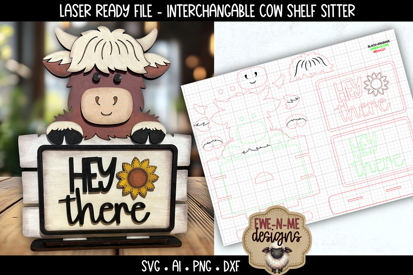Interchangeable Highland Cow Shelf Sitter Sign | Laser Cut SVG File