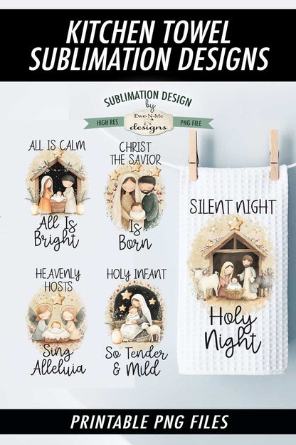 Nativity Silent Night Themed - Bundle of 5 - Kitchen Towel Sublimation Designs