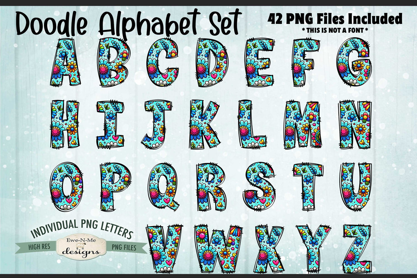 Bold Flowers Doodle Alphabet and Numbers | PNG Files
