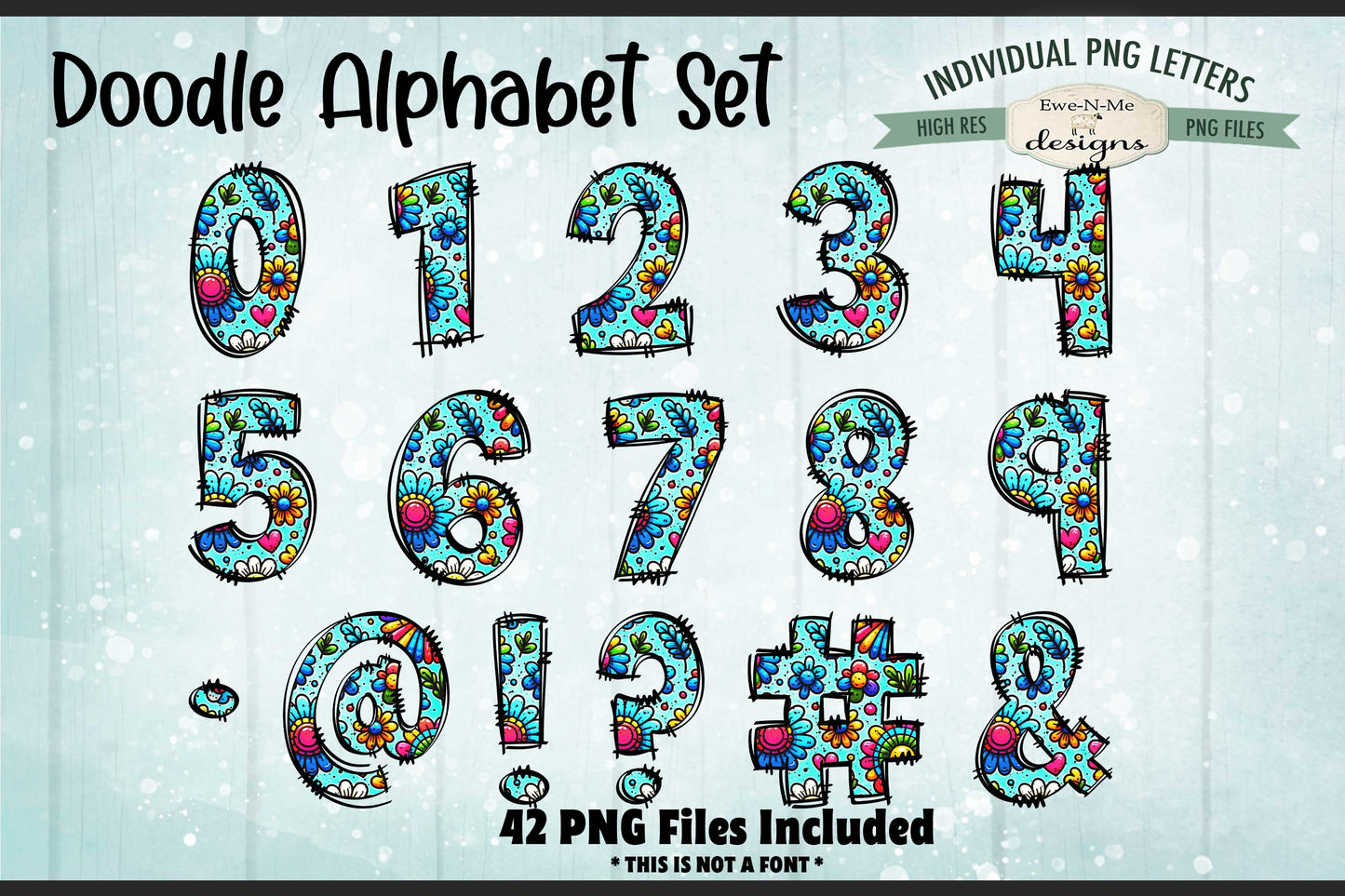 Bold Flowers Doodle Alphabet and Numbers | PNG Files