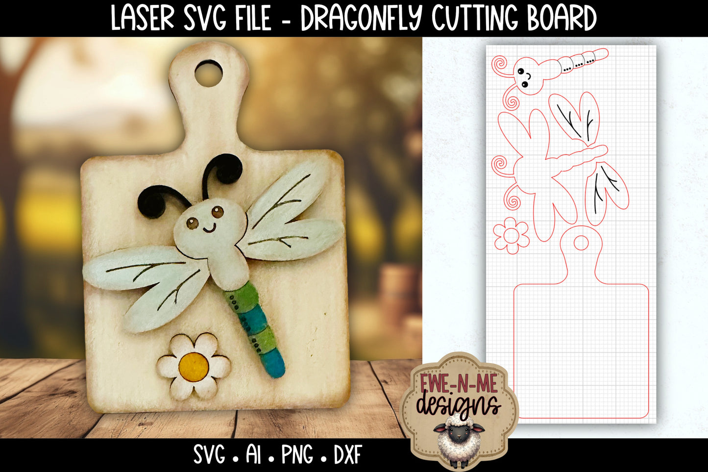 Dragonfly Daisy Cutting Board Shelf Sitter | Laser Cut SVG File