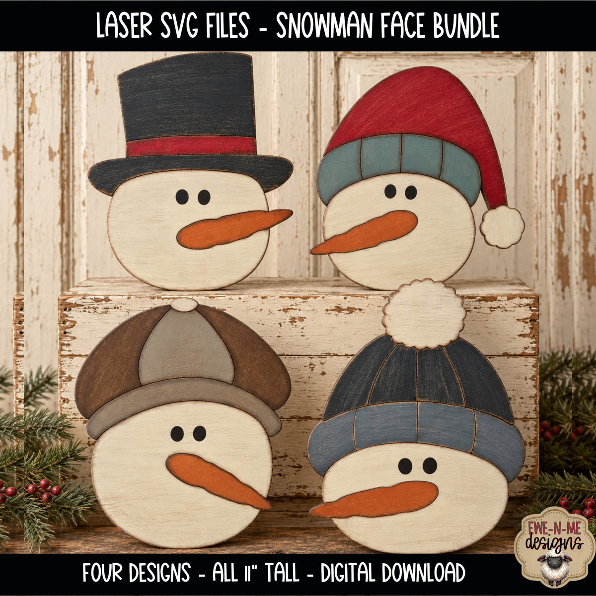 Primitive Snowman Face Bundle | 4 Laser Cut SVG Files