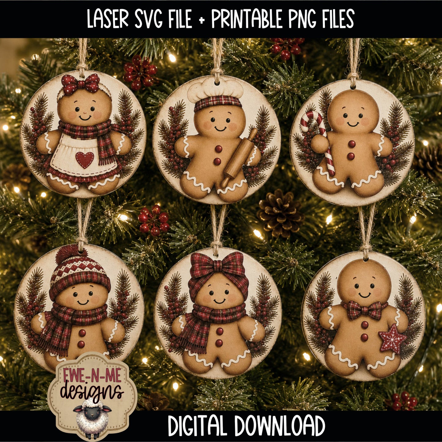 Gingerbread Ornament Bundle | Laser Cut SVG File + Printable PNG Files with Bonus Sticker Files (Copy)