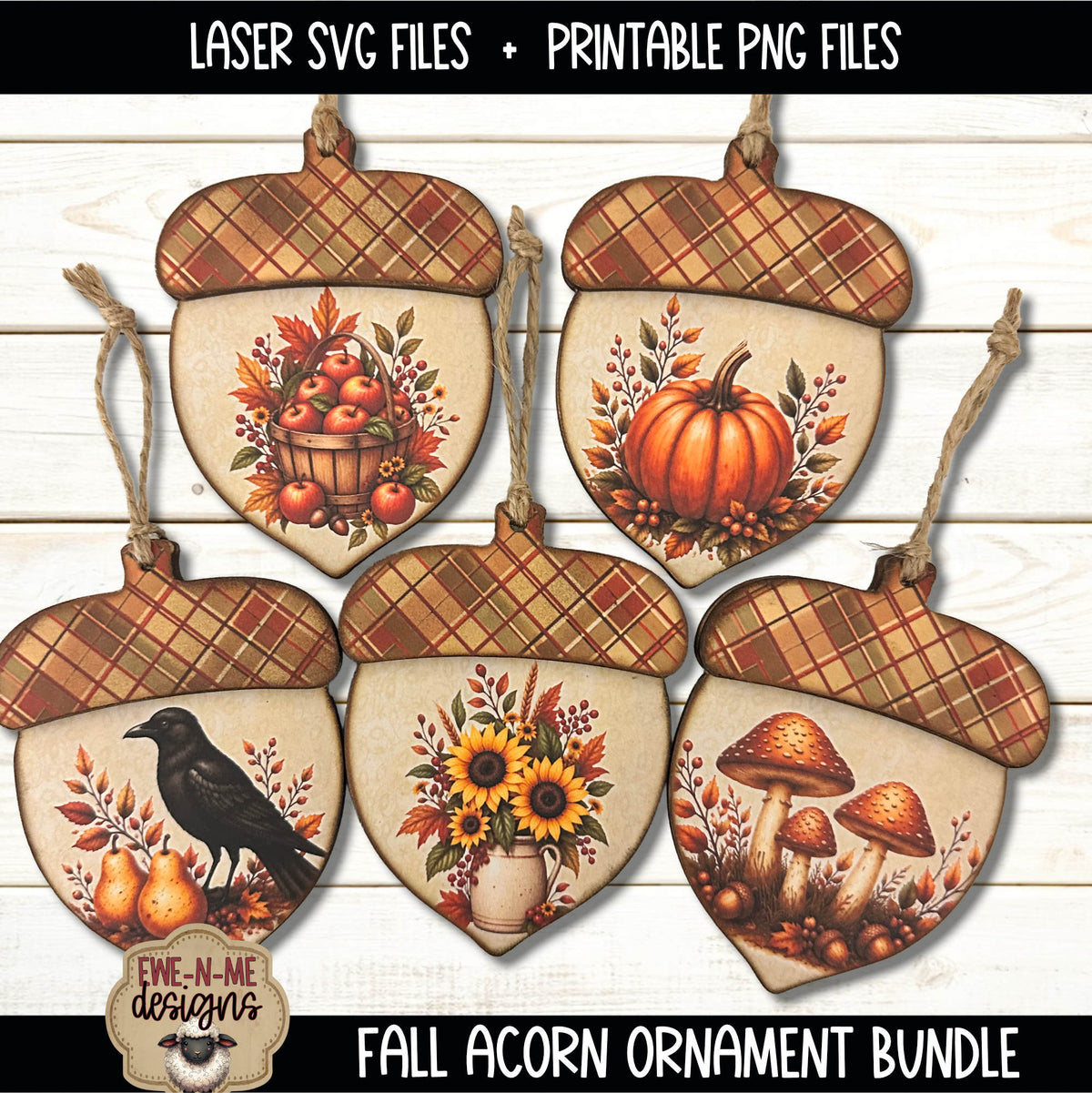Fall Autumn Acorn Ornament Bundle | Laser Cut SVG File + Printable PNG Files