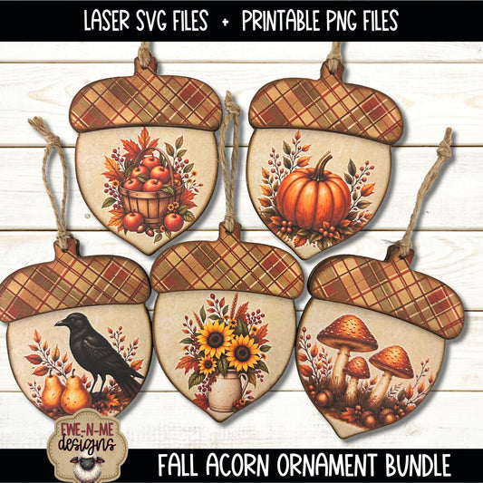Fall Autumn Acorn Ornament Bundle | Laser Cut SVG File + Printable PNG Files