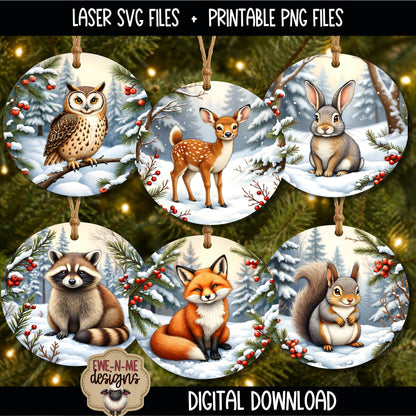 Woodland Animal Ornament Bundle | Laser Cut SVG File + Printable PNG Files with Bonus Sticker File