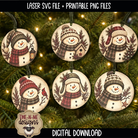 Snowman Ornament Bundle | Laser Cut SVG File + Printable PNG Files with Bonus Sticker Files