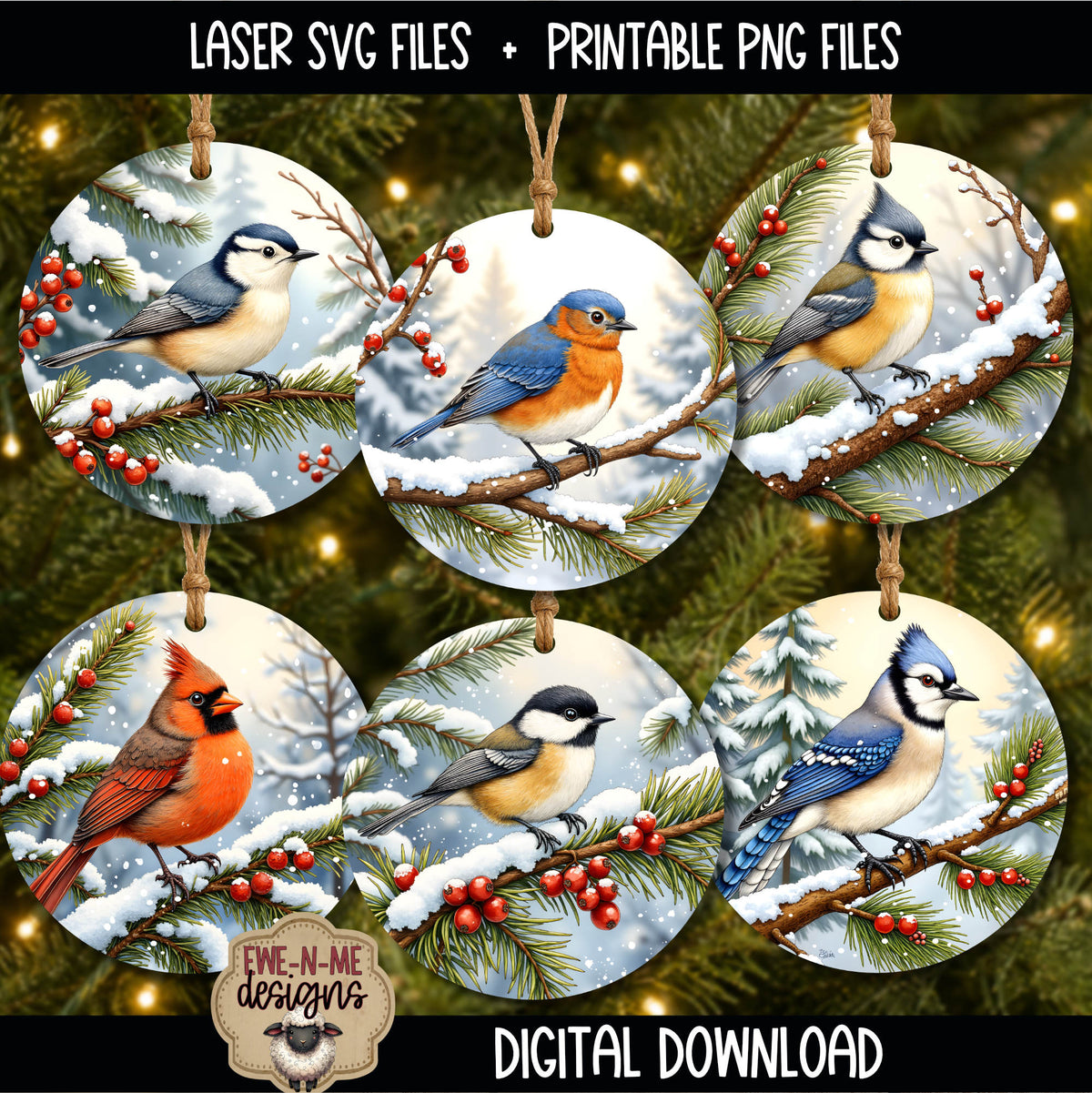 Winter Bird Ornament Bundle | Laser Cut SVG File + Printable PNG Files with Bonus Sticker File