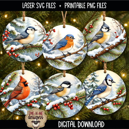 Winter Bird Ornament Bundle | Laser Cut SVG File + Printable PNG Files with Bonus Sticker File