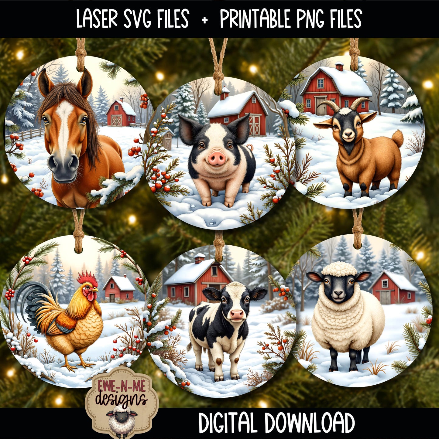 Farm Animal Ornament Bundle | Laser Cut SVG File + Printable PNG Files with Bonus Sticker File