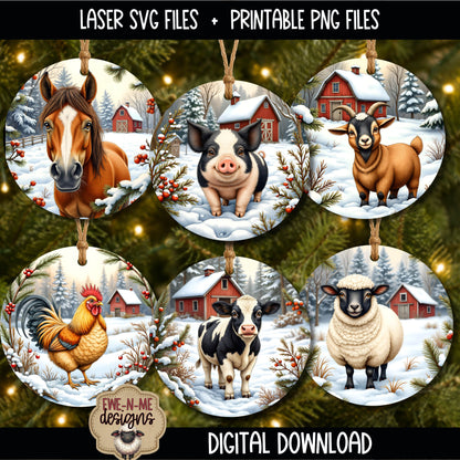 Farm Animal Ornament Bundle | Laser Cut SVG File + Printable PNG Files with Bonus Sticker File