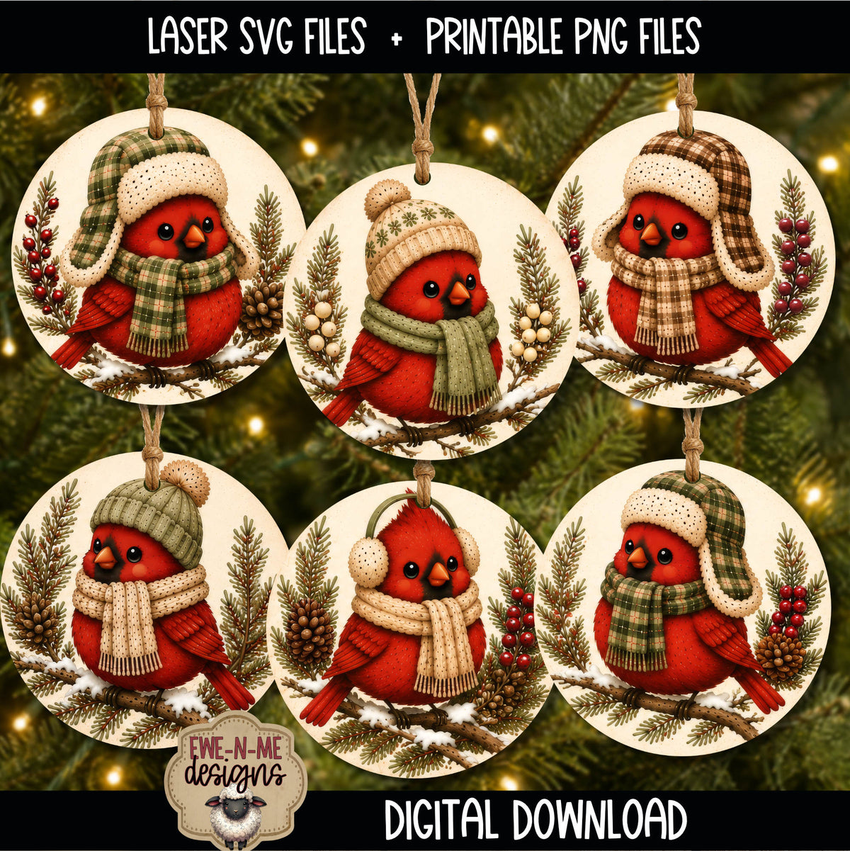 Cute Winter Cardinals Ornament Bundle | Laser Cut SVG File + Printable PNG Files with Bonus Sticker File