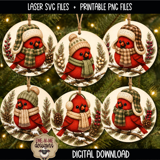 Cute Winter Cardinals Ornament Bundle | Laser Cut SVG File + Printable PNG Files with Bonus Sticker File