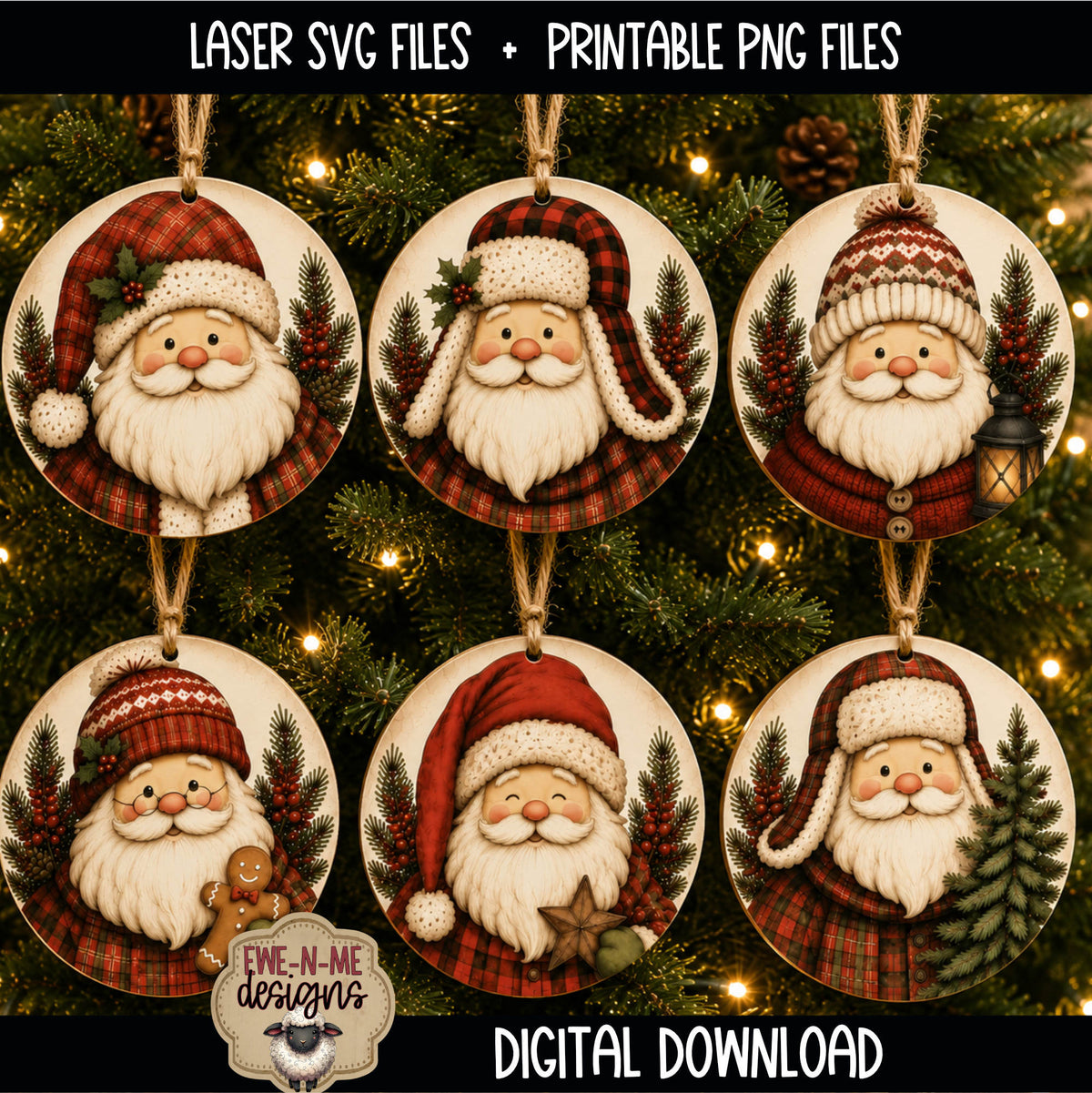 Santa Ornament Bundle | Laser Cut SVG File + Printable PNG Files with Bonus Sticker File