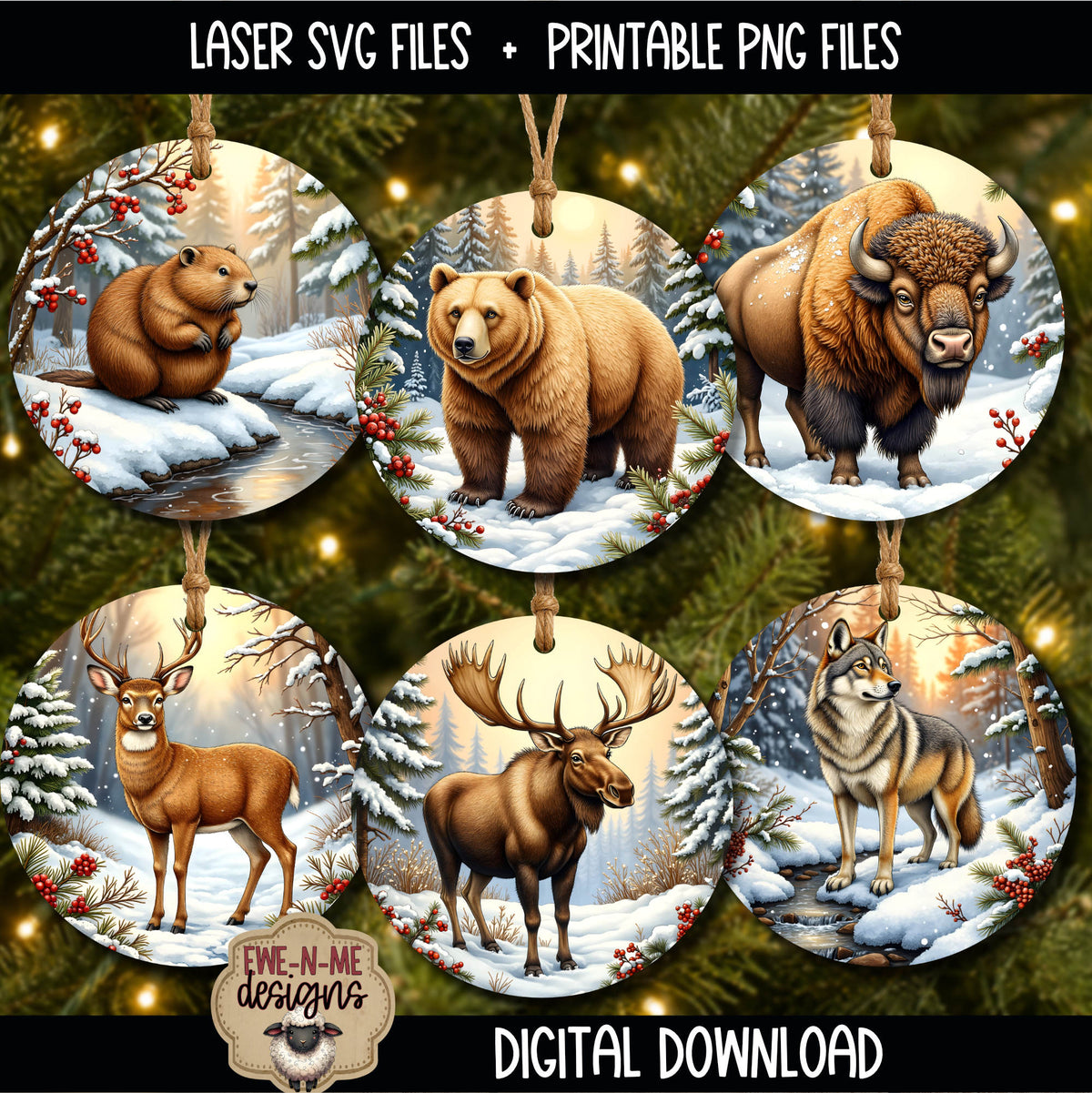 Northwoods Animal Ornament Bundle | Laser Cut SVG File + Printable PNG Files with Bonus Sticker File