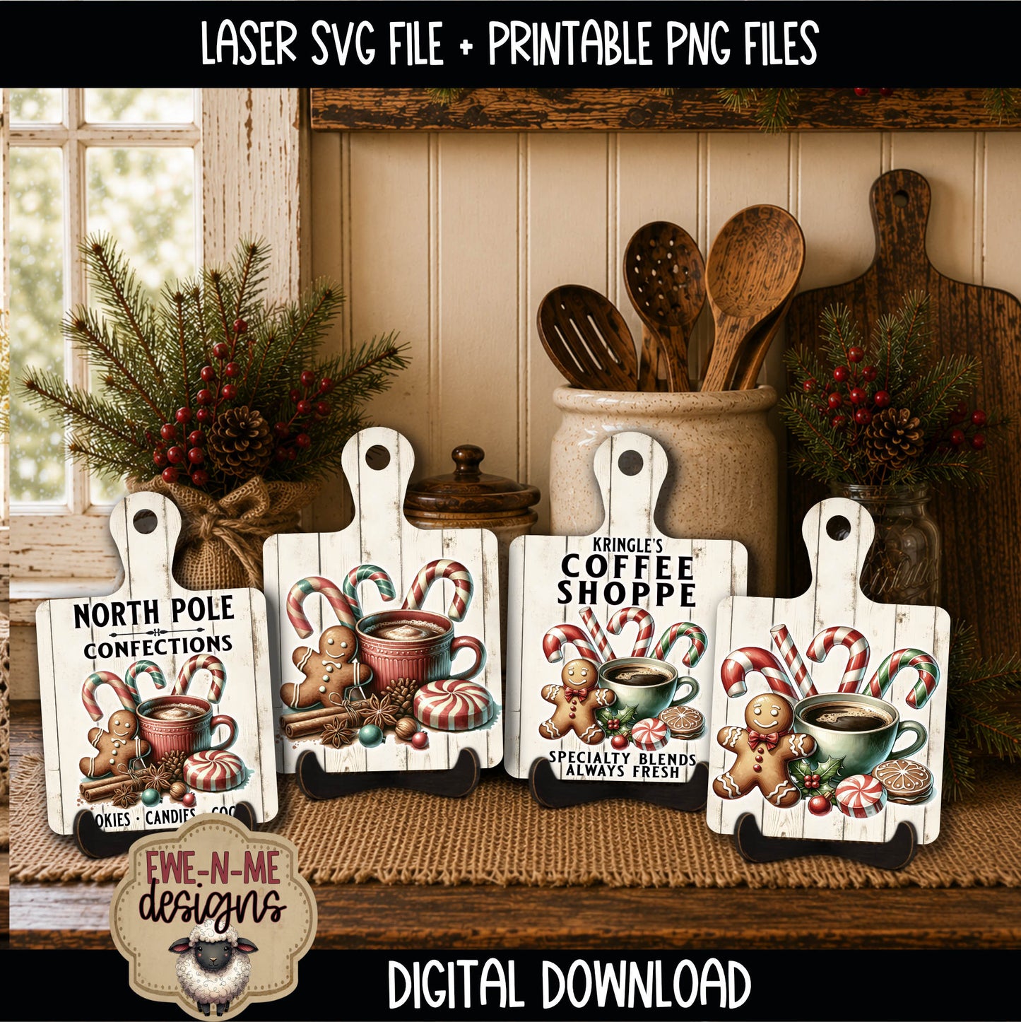 Gingerbread Christmas Cutting Board Bundle | Laser Cut SVG File + Printable PNG Files