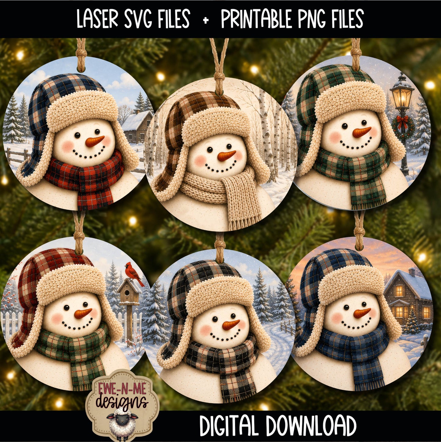 Trapper Hat Snowman Ornament Bundle | Laser Cut SVG File + Printable PNG Files with Bonus Sticker File