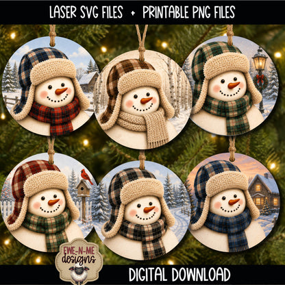 Trapper Hat Snowman Ornament Bundle | Laser Cut SVG File + Printable PNG Files with Bonus Sticker File