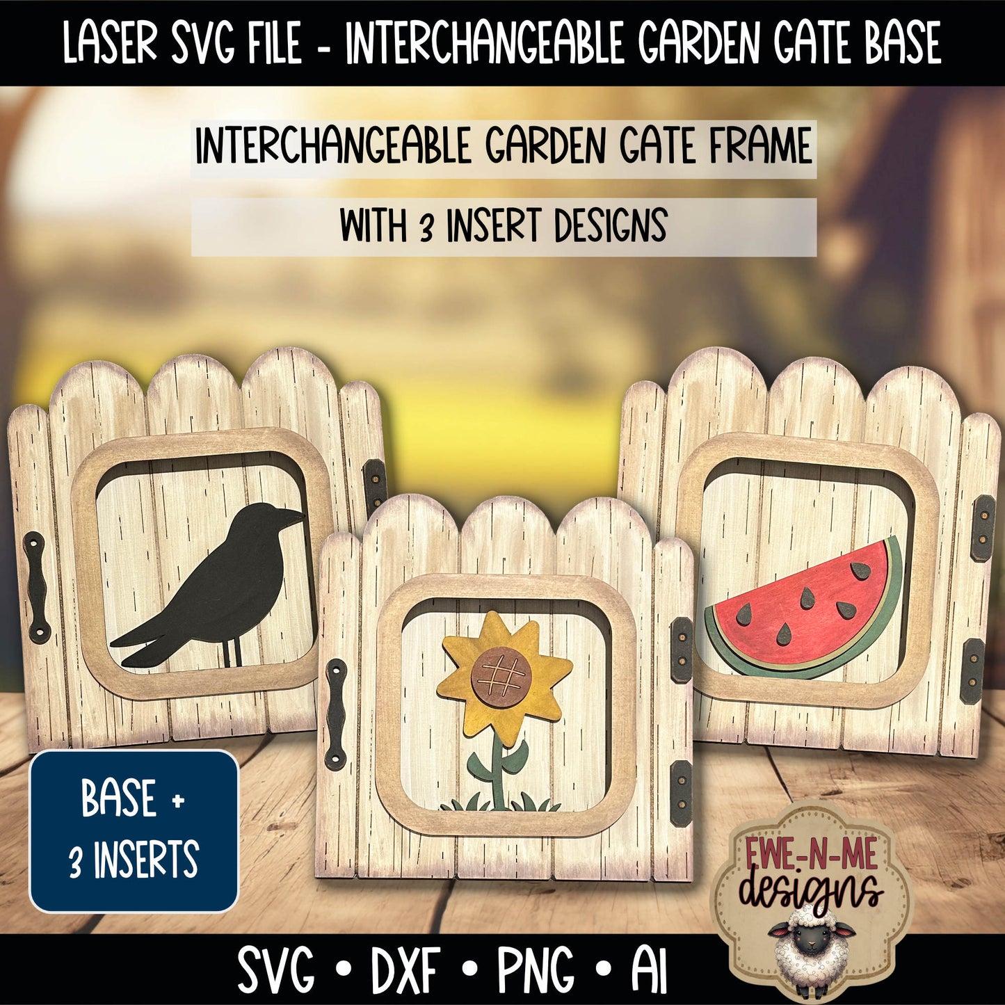 Interchangeable Garden Gate Frame with 3 Slide-In Designs | Laser Cut SVG File