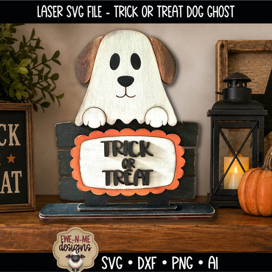 Ghost Dog Halloween Trick or Treat  Shelf Sitter | Laser Cut SVG File